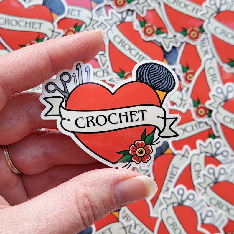 Crochet love sticker // Tattoo style crochet heart, Crochet tools , Crocheter gift image 1