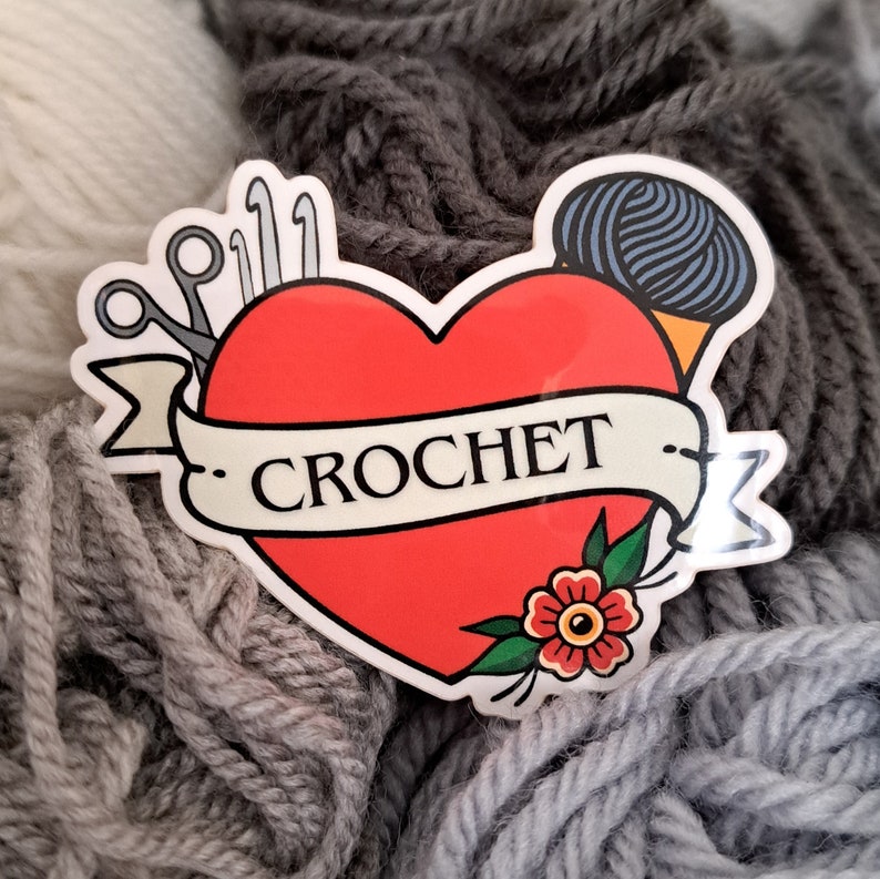 Crochet love sticker // Tattoo style crochet heart, Crochet tools , Crocheter gift image 4