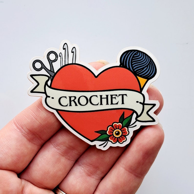 Crochet love sticker // Tattoo style crochet heart, Crochet tools , Crocheter gift image 5