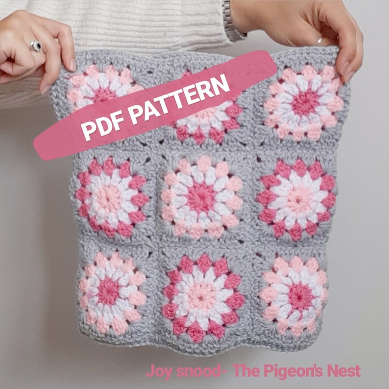 Crochet pattern for sunburst granny square neck warmer Joy cowl scarf. DIY crochet pattern for granny knit snood. Pink and grey neck wrap. image 2