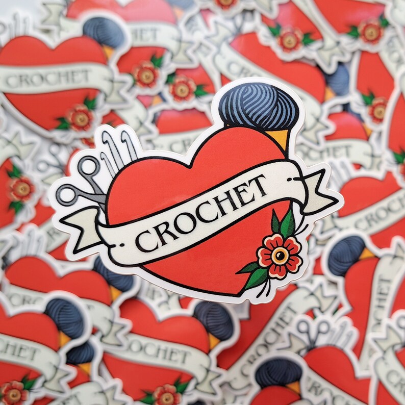 Crochet love sticker // Tattoo style crochet heart, Crochet tools , Crocheter gift image 6