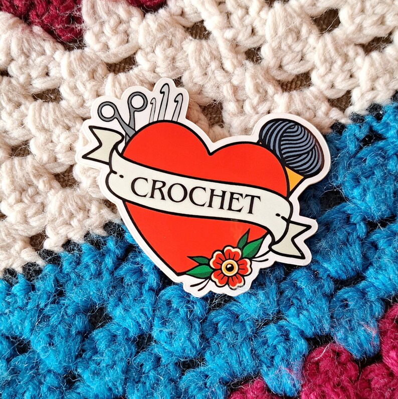 Crochet love sticker // Tattoo style crochet heart, Crochet tools , Crocheter gift image 2