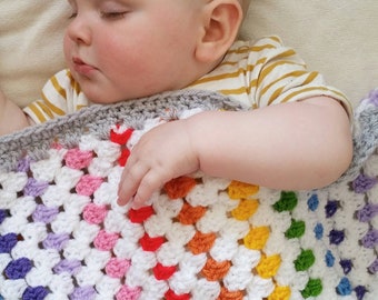 Rainbow heirloom crochet baby blanket - new baby gift - Granny square Stripe Baby Blanket  Cot Pram Swaddle rainbow baby ivf MADE TO ORDER