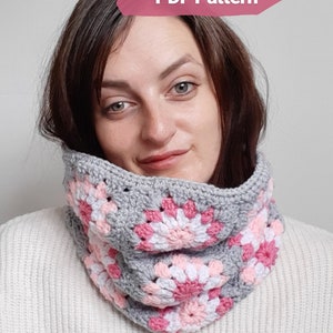 Crochet pattern for sunburst granny square neck warmer Joy cowl scarf. DIY crochet pattern for granny knit snood. Pink and grey neck wrap. image 3