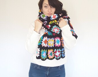 Granny Square Crochet Blanket Scarf - colourful crochet wrap - Handmade Fashion - ooak 70's style fashion - seventies styling MADE TO ORDER