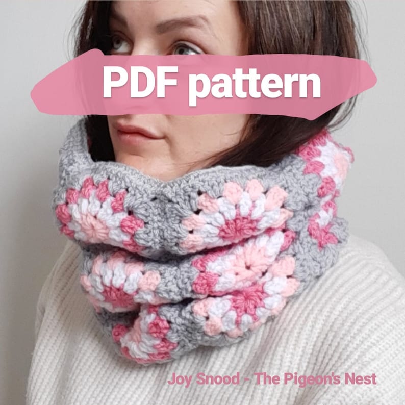 Crochet pattern for sunburst granny square neck warmer Joy cowl scarf. DIY crochet pattern for granny knit snood. Pink and grey neck wrap. image 1