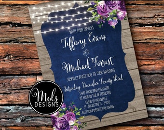 WEDDING Blue CHALKBOARD PURPLe Roses String Lights Engagement Bridal Shower Couples Peonies Floral Reception Baby Shower Brunch Invitation