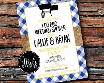 I DO BBQ Burlap Blue Gingham Any Color Wedding Shower Country Barbecue Chalkboard Surprise Birthday Baby Bridal Rehearsal Dinner Invitation