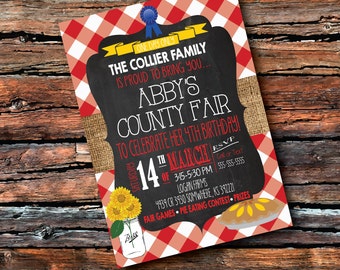 Country COUNTY FAIR BURLAP Farm Animal Show Pig Cow Blue Ribbon Girl Boy First Second Third Fourth Birthday Pies Corndog Red Blue Invitation