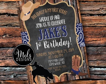 Western RODEO COWBOY BULL RiDER Buckaroo Birthday Silhouette Back Number Bandanna Rope Boots Horse Hat 2 3 4 Invitation this is my 1st Rodeo