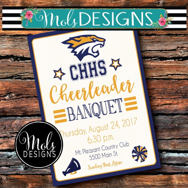 CHEERLEADER BANQUET PARTY Junior High School Mascot Pom Poms Megaphone Dance Team End of Year Party Mvp Cheer Squad Invitation Any Color