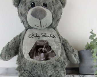 Hello Bear Baby scan photo bear, with personalised gift bag - Gender reveal, pregnancy announcement, Neutral, Grey