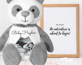 Hello Bear Baby scan photo Panda Bear, with personalised gift bag - Gender reveal, pregnancy announcement, Neutral, Panda