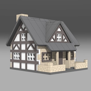 Puede incluir: Una peque&ntilde;a casa de piedra y madera con un techo gris, ventanas blancas y una valla de piedra. La casa tiene un porche con una barandilla de madera.