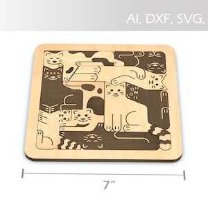 Wooden 7&quot; x 7&quot; Cat Puzzle - Digital Download (Ai, DXF, SVG, EPS)