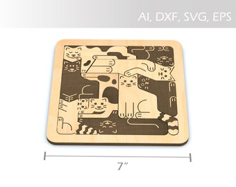 Wooden 7" x 7" Cat Puzzle - Digital Download (Ai, DXF, SVG, EPS)
