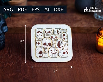 Wooden 5" x 5" Halloween Skulls and Pumpkins Puzzle - Digital Download (Ai, PDF, DXF, SVG, eps)