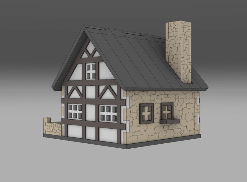 Puede incluir: Una peque&ntilde;a casa de piedra con un techo a dos aguas y una chimenea. La casa tiene una estructura de madera con molduras blancas y varias ventanas. La casa est&aacute; pintada en tonos de marr&oacute;n, blanco y gris.