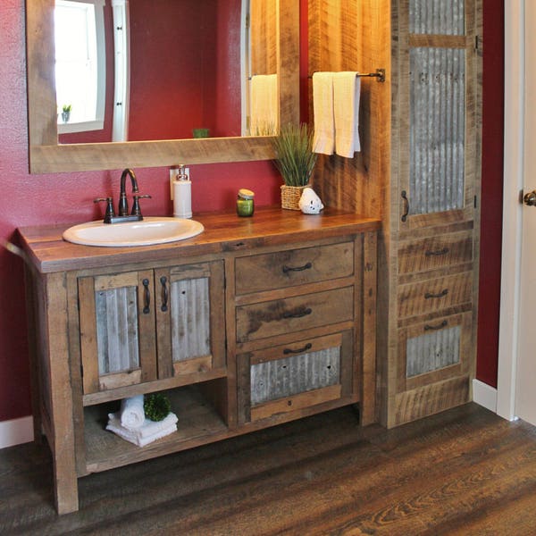 Handmade Rustic Bathroom Vanity (48") - Reclaimed Barn Wood Vanity w/Barn Tin #5710