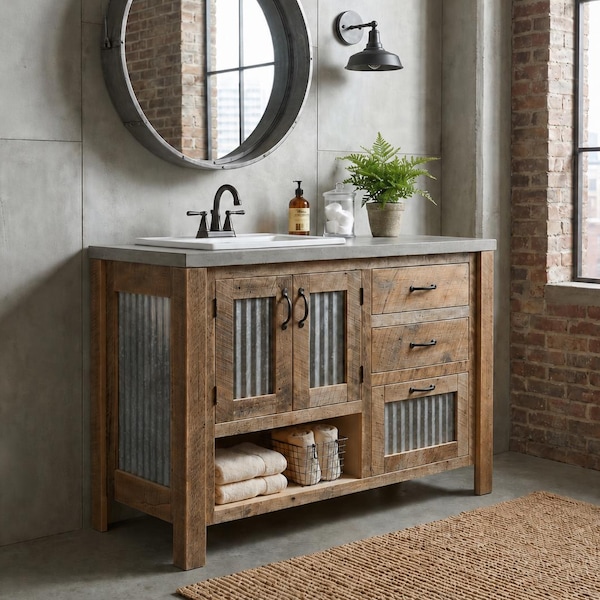 Rustic Bathroom Vanity | Single Sink - Reclaimed Barnwood w/Barn Tin #5840