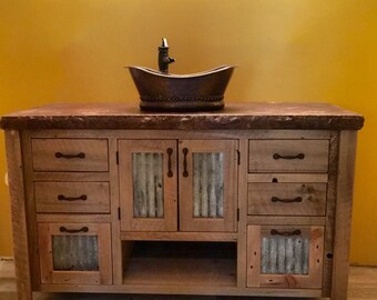 Handmade Rustic Bathroom Vanity (48") - Reclaimed Barn Wood w/Tin Doors #2094