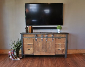 Handmade Rustic Industrial Media Center - Reclaimed Barn Wood Media Center w/Sliding Doors #3611