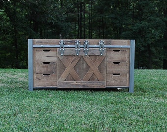 Handmade Rustic Industrial Vanity (60") - Reclaimed Barn Wood Vanity w/Sliding Doors - w/Crossbuck Doors #6810