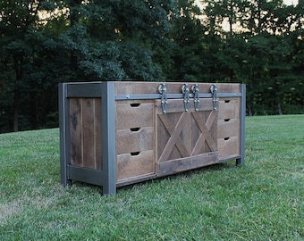 Handmade Rustic Industrial Vanity (72") - Reclaimed Barn Wood Vanity w/Sliding Doors - w/Crossbuck Doors #6835