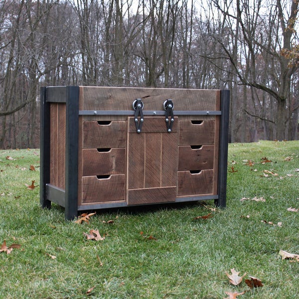 Handmade Rustic Industrial Vanity (48")  - Reclaimed Barn Wood Vanity w/Sliding Doors #4627