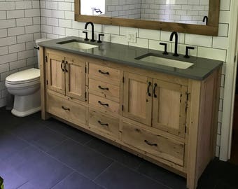 Handmade Rustic Bathroom Vanity (72") - Dual Sink Reclaimed Barn Wood Vanity w/Paneled Doors Raised Grain Removed  #4066