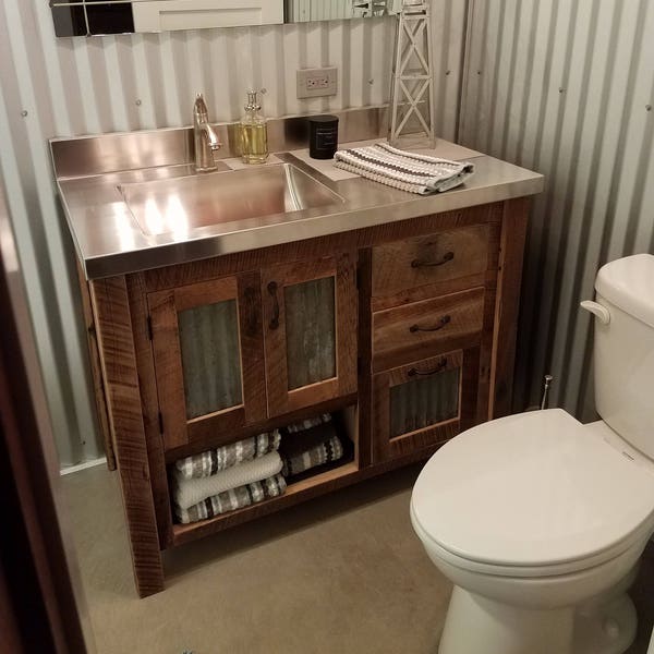 Handmade Rustic Bathroom Vanity (42") - Reclaimed Barn Wood w/Barn Tin #6166
