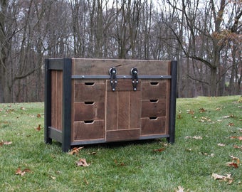 Handmade Rustic Industrial Vanity (48")  - Reclaimed Barn Wood Vanity w/Sliding Doors #4627