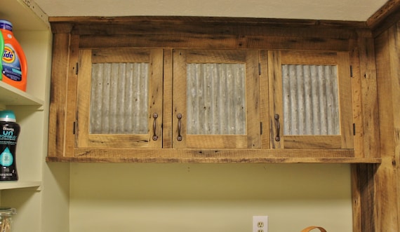 Rustic Upper Cabinet Reclaimed Barn Wood W Tin Doors Etsy