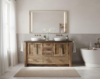 Bathroom Vanity - Double Sink,  Rustic Reclaimed Barn Wood Vanity w/Paneled Doors  #7001-5