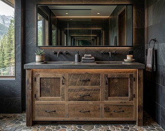 Rustic Bathroom Vanity (54") - Double Sink Reclaimed Barnwood Vanity w/Paneled Doors  #9637