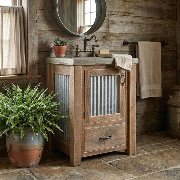 Rustic Bathroom Vanity | Single Sink - Reclaimed Barnwood Vanity w/Tin Doors  #6646