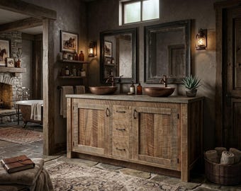 Può includere: Un mobile da bagno rustico in legno invecchiato con due ante e tre cassetti centrali, sormontato da un piano in pietra e due lavabi rotondi in rame. Il mobile presenta maniglie in metallo scuro ed è abbinato a due specchi.