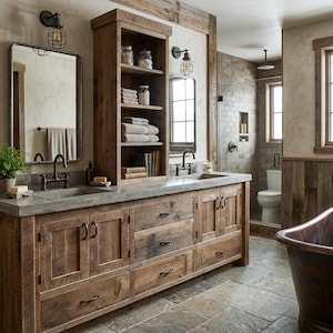 May include: A bathroom vanity featuring a concrete countertop with two integrated sinks, dark metal faucets, and a wooden cabinet base with drawers and doors. A tall wooden shelving unit sits on the counter, accompanied by two mirrors and wall lights.