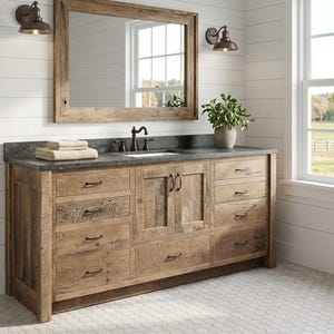 May include: A rustic wooden bathroom vanity with a dark countertop and a rectangular mirror. The vanity has multiple drawers and cabinet doors with dark hardware. A potted plant sits on the countertop, and the room has white shiplap walls.