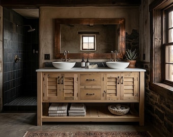 Rustic Bathroom Vanity (60") - Double Sink Reclaimed Barnwood Vanity, Louvered Doors - (Raised Grain Removed) #4172