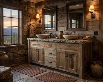 Rustic Bathroom Vanity - Double Sink, Reclaimed Barnwood w/Paneled Doors  #4400