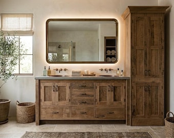 Rustic Bathroom Vanity & Linen Cabinet - Double Sink,  Reclaimed Barnwood w/Paneled Doors (Natural Patina) #5120/#1547