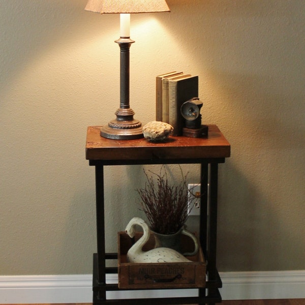 READY TO SHIP - Metal / Industrial Side Table (28" High) - Rustic Reclaimed Barn Wood Top