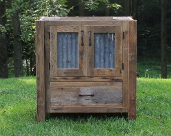 Handmade Rustic Bathroom Vanity (30") - Reclaimed Barn Wood Vanity w/Tin Doors  #6647