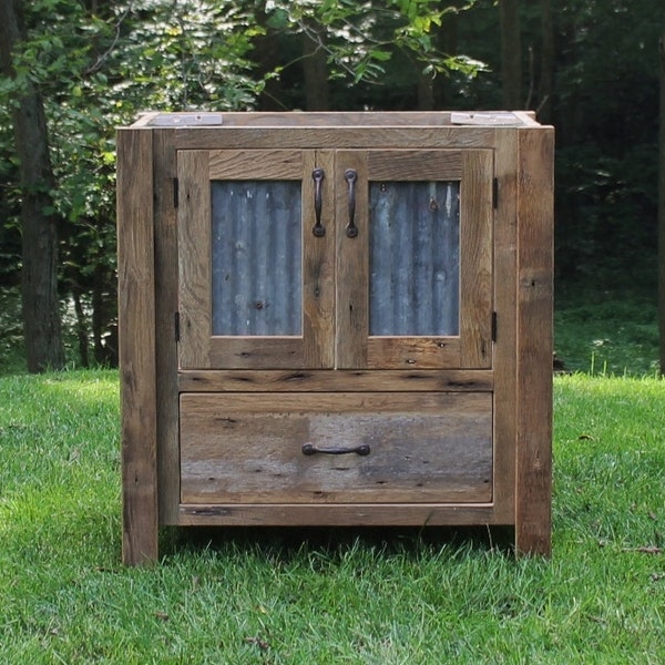 Handmade Rustic Bathroom Vanity (30") - Reclaimed Barn Wood Vanity w/Tin Doors  #6647