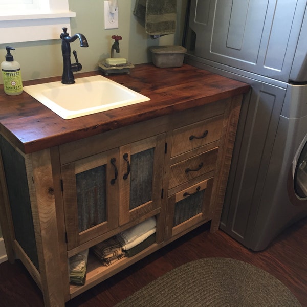 Handmade Rustic Bathroom Vanity (48") - Reclaimed Barn Wood Vanity w/Barn Tin #5710
