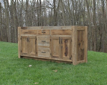 Handmade Rustic Bathroom Vanity (72") - Dual Sink, Reclaimed Barn Wood w/Paneled Doors (Natural Patina) #9963