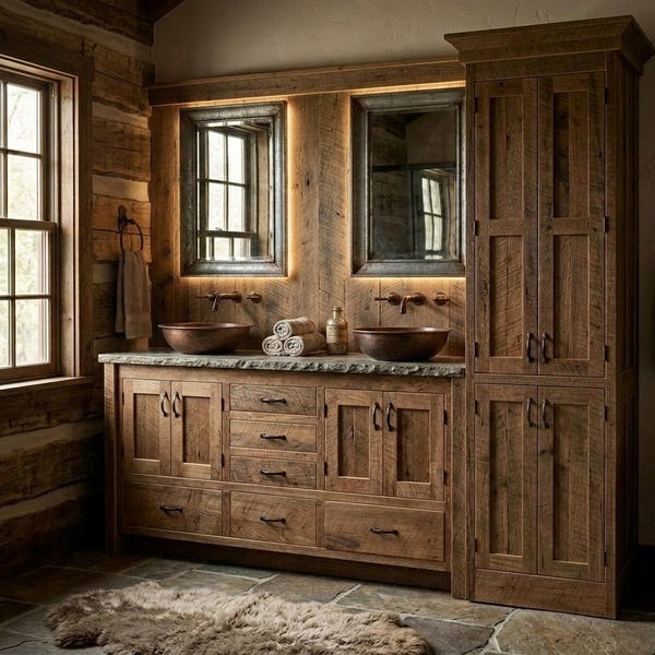 Rustic Bathroom Vanity & Linen Cabinet - Double Sink, Reclaimed Barnwood w/Paneled Doors (Natural Patina)   #5120/#1547