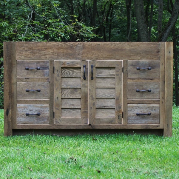 Handmade Rustic Bathroom Vanity (60") - Reclaimed Barn Wood Vanity w/Louvered Doors  #5625