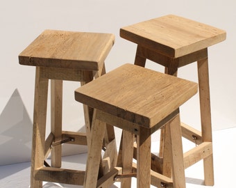 Rustic Bar Stool - Reclaimed Barn Wood (Raw) w/Square Top - 24", 25", 26", 27", 28" Tall